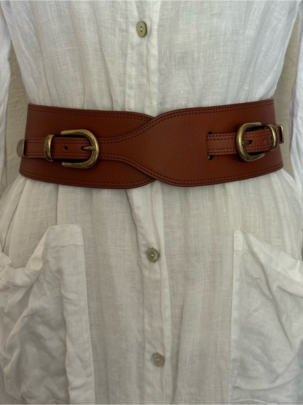 Sezane Wide Double-Buckle Belt — Cognac